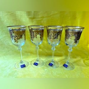 4 PC ITALY Le Stelle  Crystal Wine Glasses 24KT Gold 8” Tall Brand New Excellent